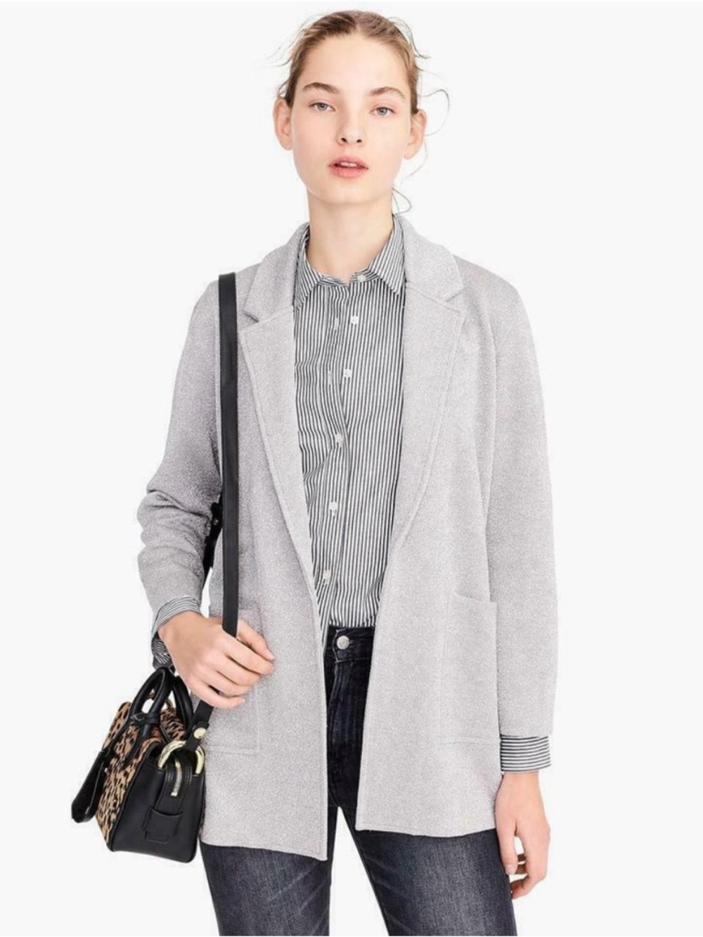 J Crew Light Heather Grey Sophie Open Front Wool Cotton Sweater Blazer Small